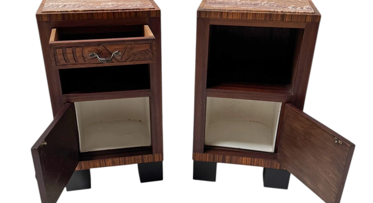 Two Art Deco Nightstands or Bedside Tables with Multi-Colored Marble Tops, 1930s